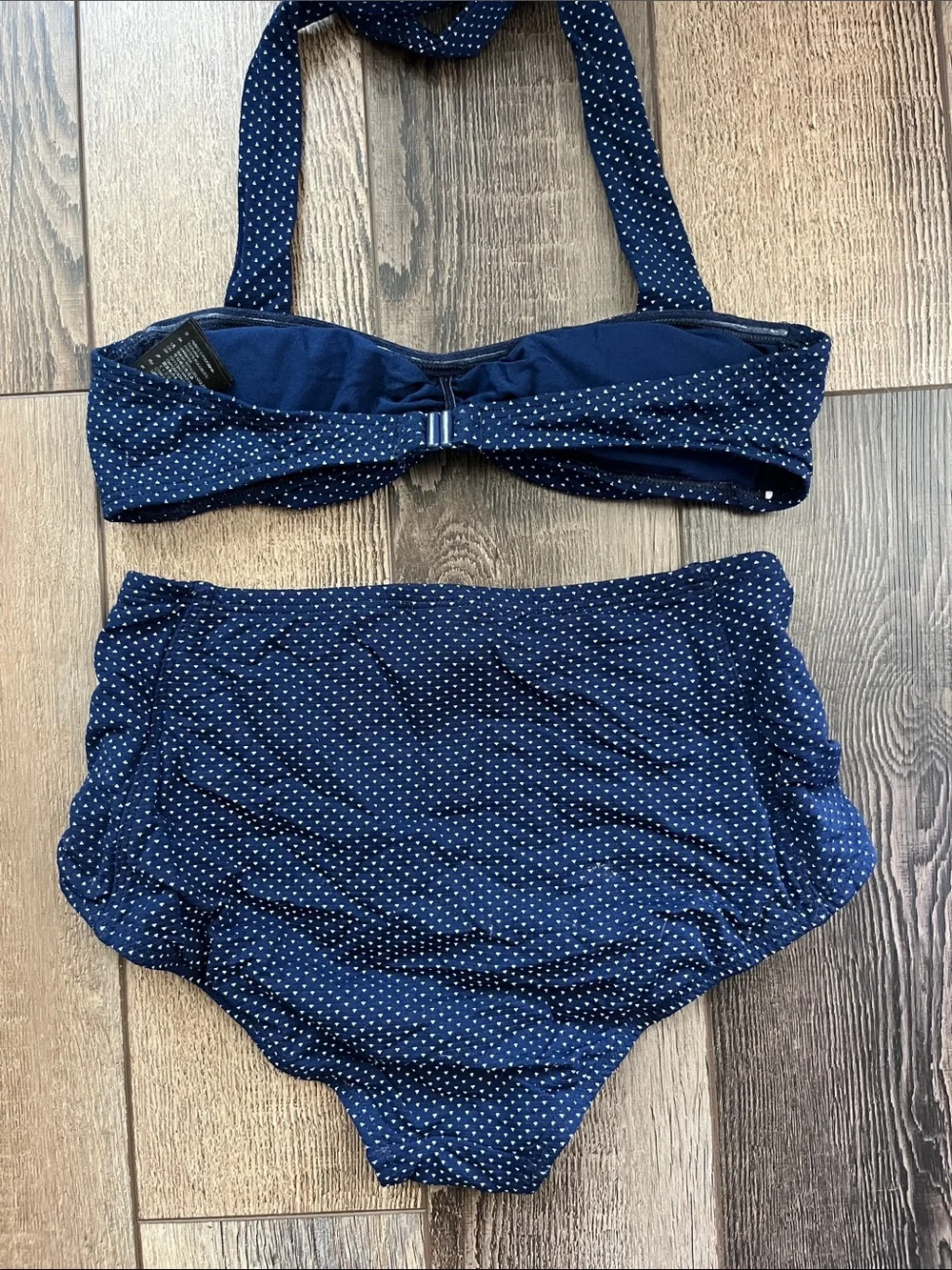 Polka Dot Vintage Style Navy High Waisted Bikini with Buttons & Retro Halter Top